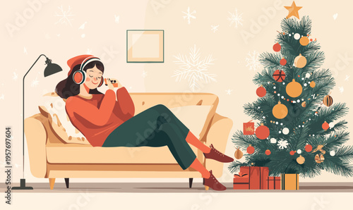 Woman relaxing on sofa listening to music with headphones near Christmas tree