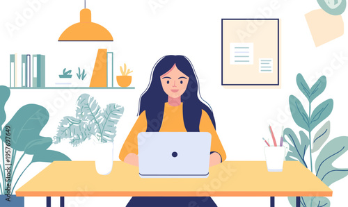 Young woman working on a laptop at a desk in a bright, plant-filled home office