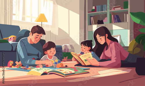 Family enjoying quality time together reading books and playing with toys indoors