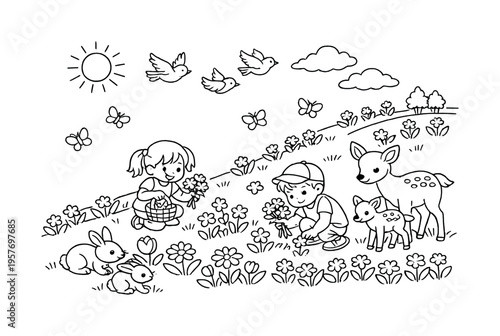 Spring flowers along a sunny hillside with children picking flowers, butterflies fluttering, birds flying overhead and friendly