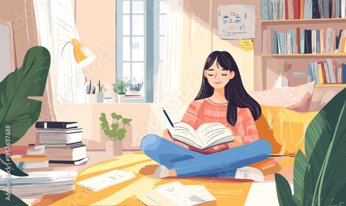 Young woman studying at home with books and plants, enjoying a peaceful moment