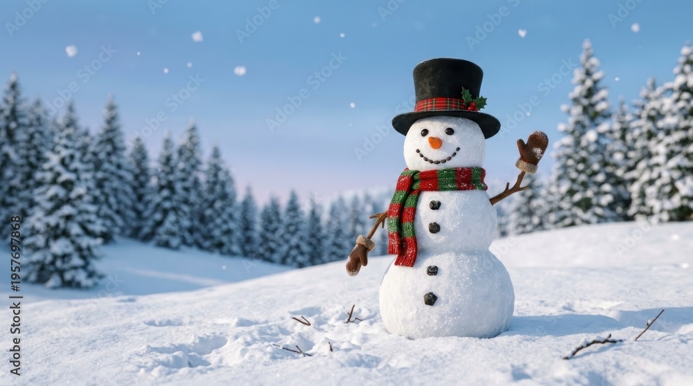 Fototapeta premium Snowman in winter landscape with trees.