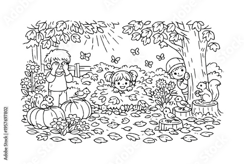 Autumn leaves covering a cozy garden with children playing hide-and-seek, flowers and pumpkins around, friendly squirrels and