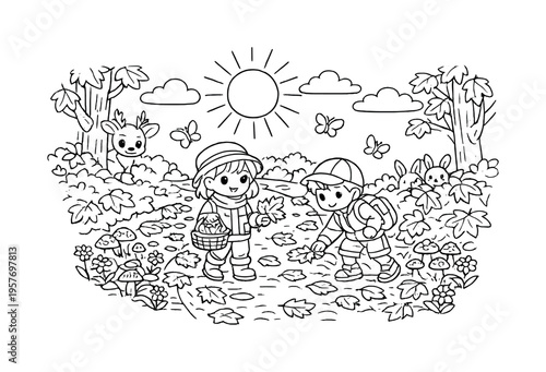 Autumn leaves along a forest trail with children walking and collecting leaves, tiny mushrooms and flowers growing nearby,