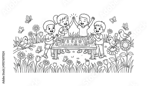 Board game with children finishing a game and celebrating together, flowers and grass around, friendly birds perched nearby,