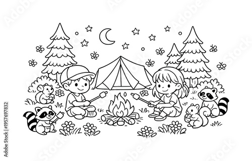 Camping Under Stars. Camping night with children roasting marshmallows over a small campfire, pine trees and flowers around,