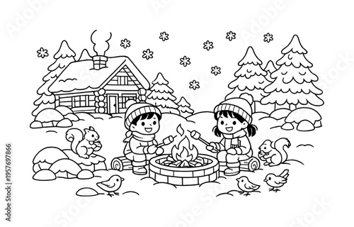 Winter cabin with a cozy firepit outside, children roasting marshmallows, snow-covered trees and rocks around, friendly birds and