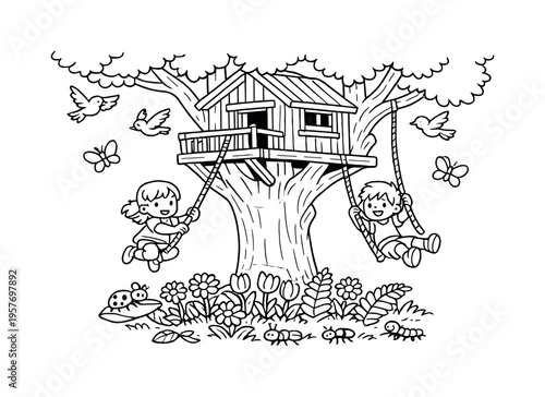 Treehouse play with children swinging from ropes attached to the treehouse, flowers and ferns below, tiny insects crawling nearby