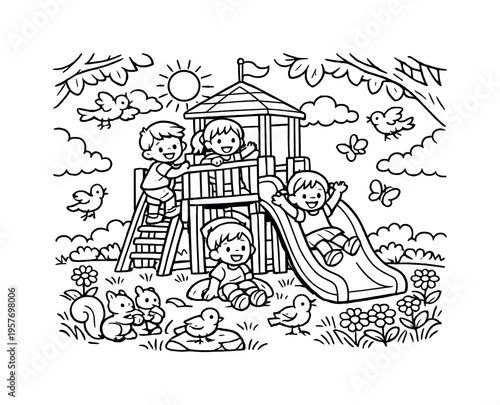 Playground Fun Scene. Playground slide with children climbing and sliding around a colorful play structure, flowers and grass