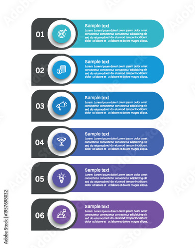 Business vector infographic design template with icons and 6 options or steps. Can be used for process diagram, presentations, workflow layout, flow chart, info graph