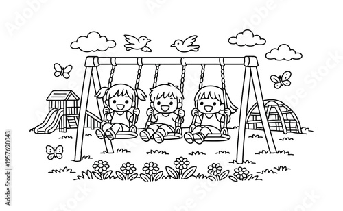 Swing set fun with children swinging together, playground slides and climbing frames in the background, flowers and grass below,