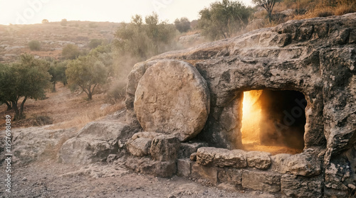 The empty tomb of Jesus Christ with a stone rolled away at sunrise