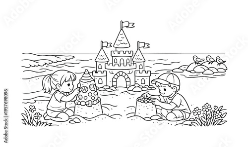 Sandbox castle with children decorating sand towers with shells and pebbles, waves gently lapping nearby, tiny birds perched on