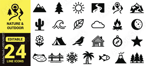 Nature and Outdoor Adventure Line Icon Set with Mountain, River, Desert, Forest, Sun, Moon, Wildlife, Camping and Travel Symbols Black and White Outline Vector Collection