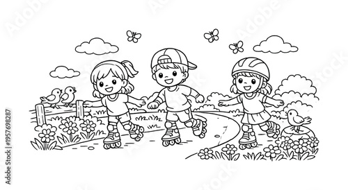 Children Skating Adventure. Roller skates with children happily skating along a sunny park path, flowers and grass around,