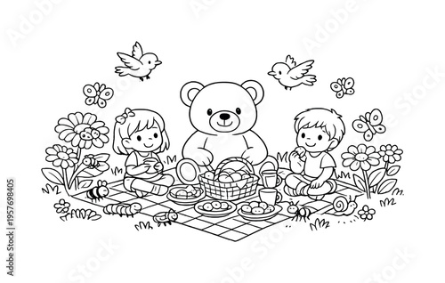 Teddy bear having a picnic with children in a sunny garden, tiny insects crawling on flowers, friendly birds flying overhead,