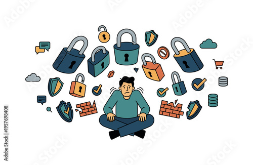 Digital life scene warped by doubt as floating locks lean inward like observers, protective shapes becoming sources of stress,