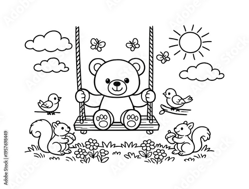 Teddy Bear Playtime. Stuffed bunny sitting under a tree in a garden, children playing nearby, flowers and mushrooms around,