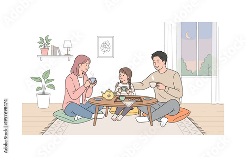 Family enjoying quiet evening tea ritual in living space, gentle body language and casual posture suggesting comfort and