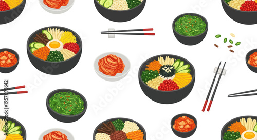 Seamless Pattern of Korean Bibimbap and Kimchi - Delicious Asian Food Illustration