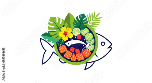 Hawaiian Poke Bowl with Fresh Ingredients and Tropical Leaves