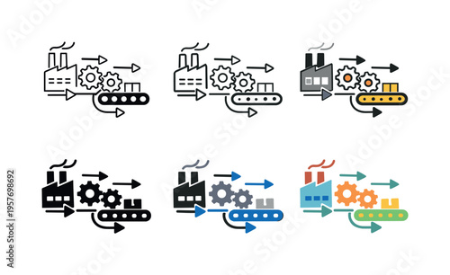 Industrial production process with factory, gears, and conveyor belt icons