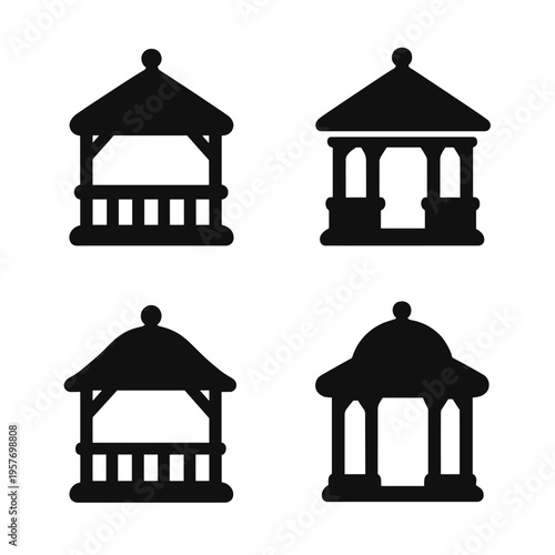 Elegant gazebo silhouettes on dark background - set of four designs