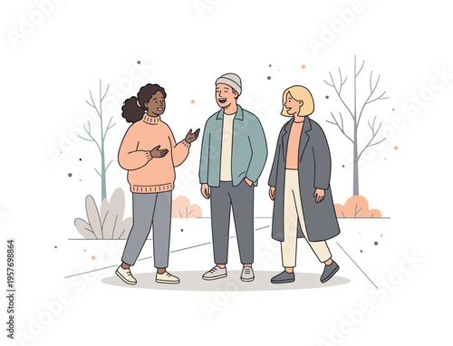 Friends sharing light humor during a relaxed walk pause, bodies slightly turned toward each other with cheerful gestures,