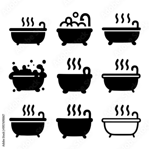 Silhouette icons of steaming bathtubs in various styles and designs