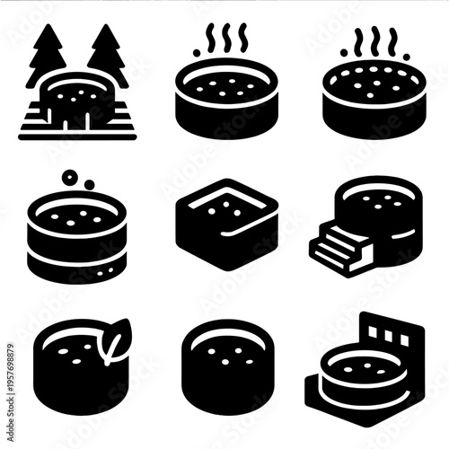 Black silhouette icons of hot tubs and spas with steaming water