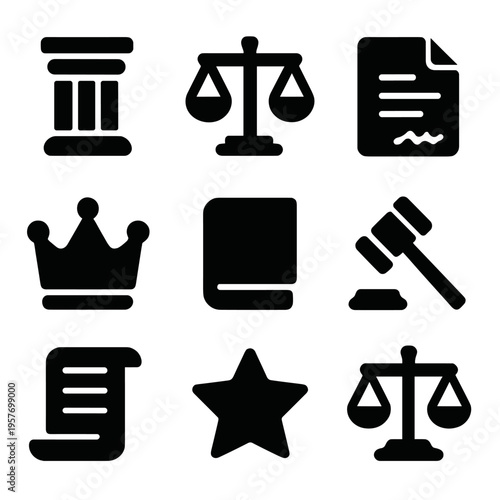 Legal justice icons set featuring scales, gavel, document, and crown