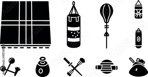 A collection of black and white icons for fitness and sports