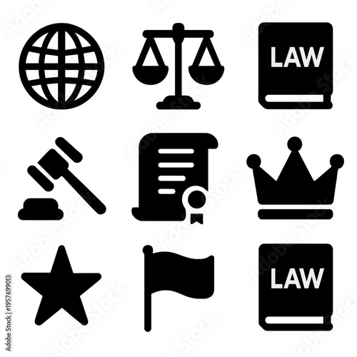 Legal icons set featuring scales, law book, gavel, globe, and more