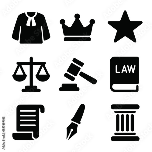 Monochrome legal icons collection: justice, law, court, and legal themes