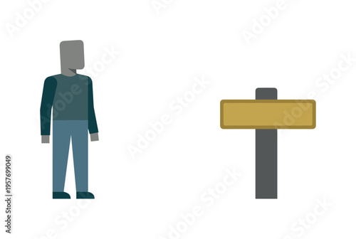 Human evaluating possible directions distilled as the figure stands beside a single stable marker, alternatives removed. Stylized