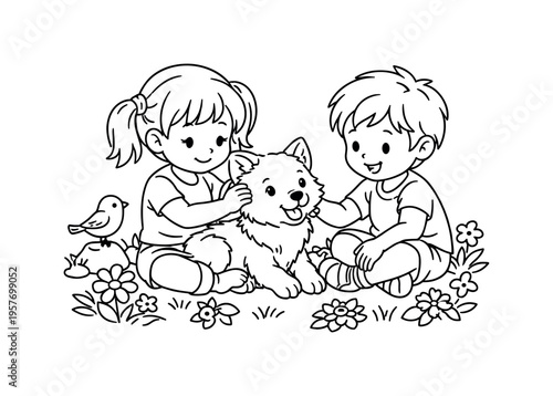 Wolf pup with kids sitting on grass, gently holding or playing with the pup, flowers, small plants, and a tiny bird perched