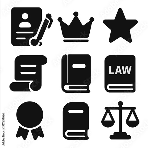 Black law icons set: legal documents, crown, scale, star, ribbon