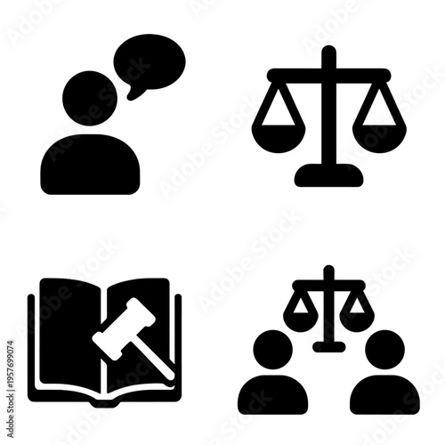 Legal symbols: justice scale, gavel, book, and discussion icons