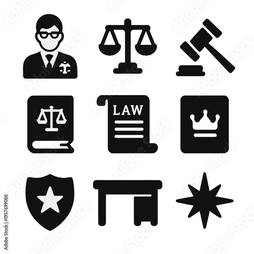 Legal and justice icons collection featuring lawyer, scales, and gavel