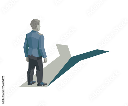 Human evaluating possible directions beginning as a figure standing before two diverging abstract paths in open space, recognizing