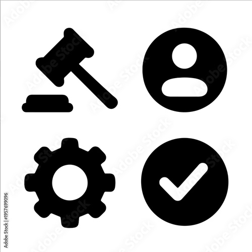 Judicial symbols: gavel, profile, gear, checkmark on black background