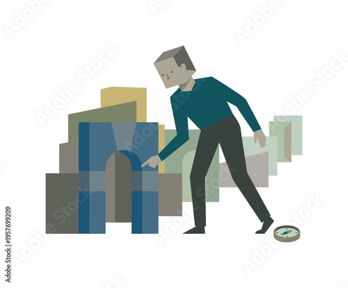 Human leaning toward the nearest layer while distant layers remain visible, identifying an entry point into complexity. Stylized