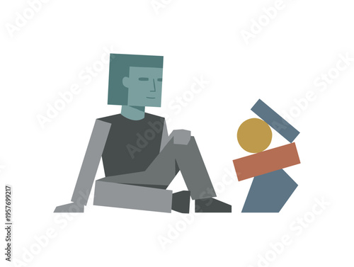 Human observing evolving ideas advancing as the figure steps slightly into the organized configuration, engaging with clarity.