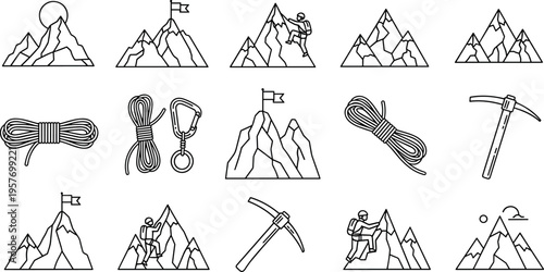 A collection of mountain climbing icons and symbols for adventure and exploration