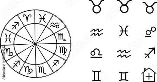 A zodiac wheel with astrology symbols and signs for business use