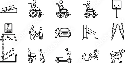 A collection of line icons depicting accessibility and disability concepts