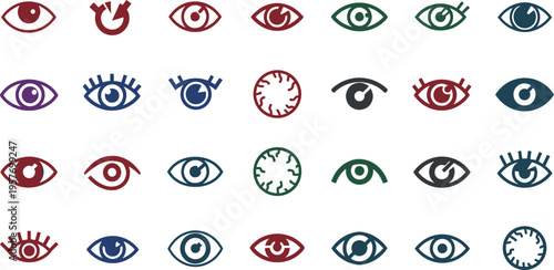 A collection of colorful eye icons on a white background