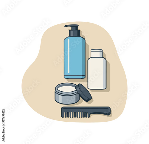 Collection of men's grooming products including shampoo, conditioner, and hair styling items