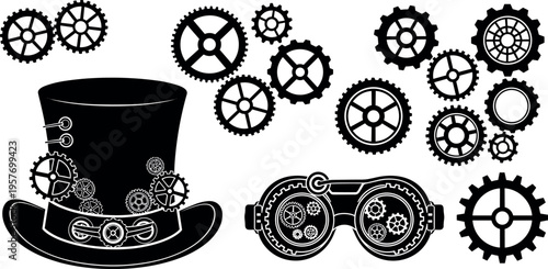 A steampunk inspired illustration of a top hat and goggles with gears