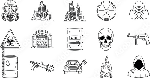 A collection of black and white illustrations depicting various hazardous symbols and objects
